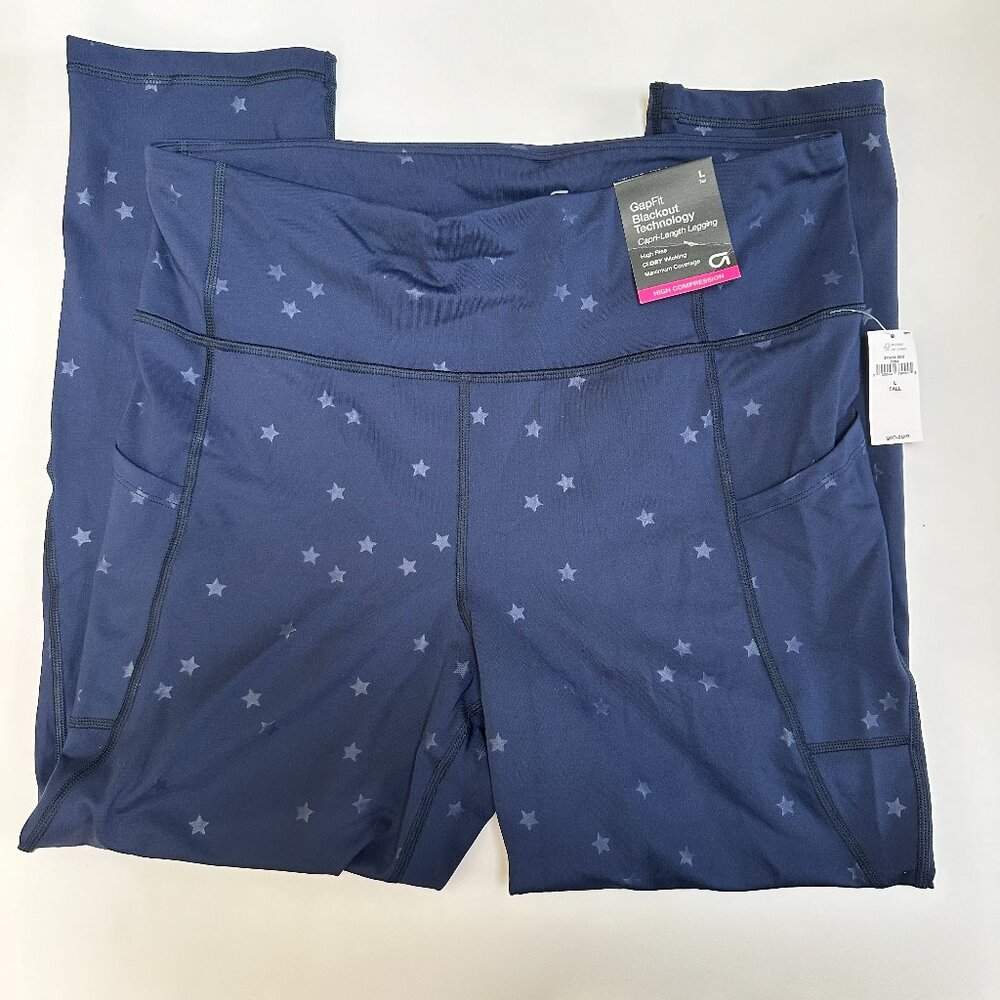 NWT GapFit Blue Star Blackout Technology Capri Leggings - Size L - TALL